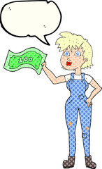 freehand drawn comic book speech bubble cartoon confident farmer woman with money