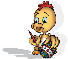 Yellow Chick Paints an Easter Egg with a Red Paintbrush