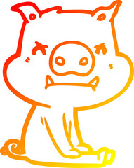 warm gradient line drawing of a angry cartoon pig sitting