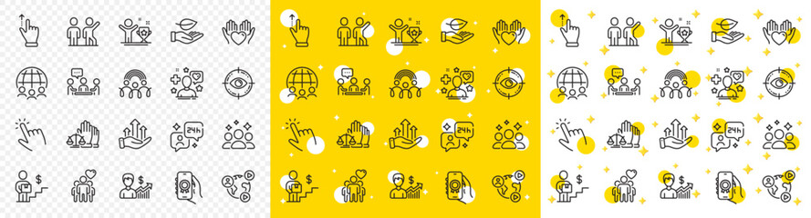 Outline Teamwork, Global business and Squad line icons pack for web with Delivery man, Award app, Friendship line icon. Consulting, Patient, Growth chart pictogram icon. Video conference. Vector - obrazy, fototapety, plakaty