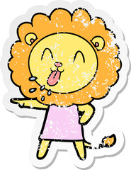 distressed sticker of a happy cartoon lion