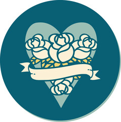 sticker of tattoo in traditional style of a heart and banner with flowers