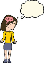 cartoon clever woman shrugging shoulders with thought bubble