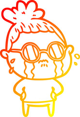 warm gradient line drawing of a cartoon crying woman wearing sunglasses
