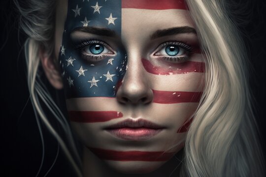 Young woman with painted American flag on her face, created with generative AI