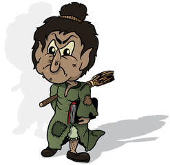 Angry Witch in a Torn Dress with a Book of Spells and a Broom in his Hand