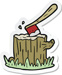 sticker of a cartoon axe in tree stump