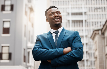 Thinking, idea and business black man in city with future goals, vision and mission for company. Ideas, success and face of male entrepreneur in town with wonder, dreaming and thoughtful mindset