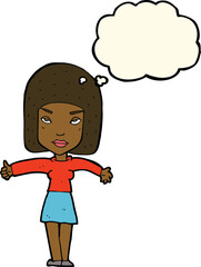 cartoon woman giving thumbs up symbol with thought bubble