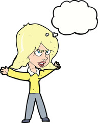 cartoon woman gesturing with thought bubble