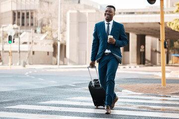 Travel, business and black man with suitcase in city for international conference, global trip and...