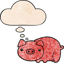 cartoon pig with thought bubble in grunge texture style