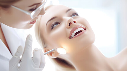 Obraz na płótnie Canvas Skilled dentist examines a woman's teeth during a comprehensive mouth checkup. Generative AI