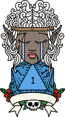 Retro Tattoo Style sad elf barbarian character with natural one roll