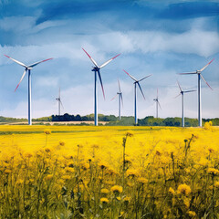 watercolor wind turbines in a field of yellow flowers