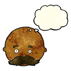 cartoon bald man with mustache with thought bubble
