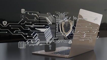 Illustration of laptop and IT server data with Banyk Cloud icon, ia robot, security shield and fingerprint, 