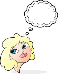 cartoon happy woman with thought bubble