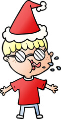 hand drawn gradient cartoon of a boy wearing spectacles wearing santa hat