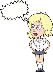 cartoon woman with hands on hips with speech bubble