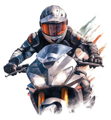 front view of a speeding black motorbike rider on transparent background