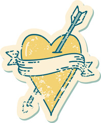 iconic distressed sticker tattoo style image of an arrow heart and banner