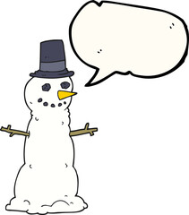 freehand drawn speech bubble cartoon snowman in top hat