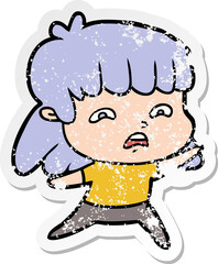 distressed sticker of a cartoon worried woman