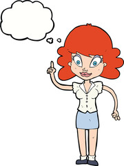 cartoon happy woman with idea with thought bubble