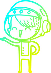 cold gradient line drawing of a happy cartoon space girl