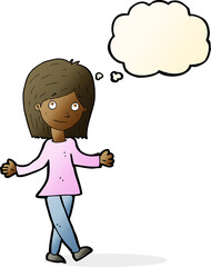 cartoon woman with no worries with thought bubble