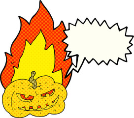 freehand drawn comic book speech bubble cartoon flaming halloween pumpkin