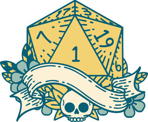 Retro Tattoo Style natural one d20 dice roll