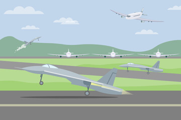 Eagle fighter planes taking off vector illustration. Military jet airplanes flying during exercise in blue sky above airport. Aviation, air transportation, flight, army concept