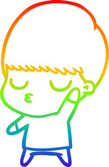 rainbow gradient line drawing of a cartoon calm boy