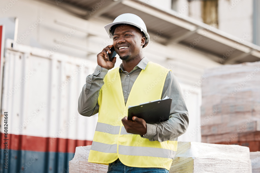 Poster phone call, smile and black man engineer in construction site talking or in discussion to contact on