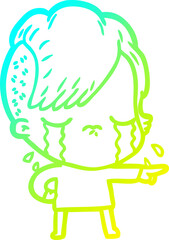 cold gradient line drawing of a cartoon crying girl accusing