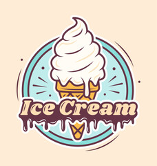 Ice Cream Cafe logo cartoon design. Ice cream in a waffle cone with a text. Template. Vector illustration