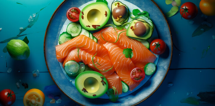 Salmon, avocado and tomatoes dish on a plate. Salmon fish background. Generative Ai Illustration. 