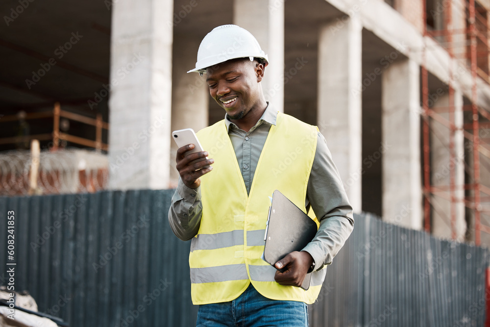 Poster architecture, phone and inspection with black man on construction site for networking, communication