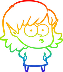 rainbow gradient line drawing of a cartoon shocked elf girl