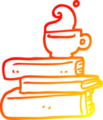 warm gradient line drawing of a cartoon books and cup of coffee