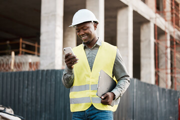 Architecture, phone and inspection with black man on construction site for networking,...