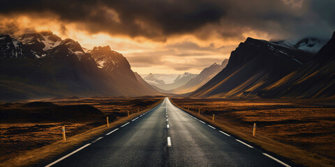 endless road leading to the mountains, fictional landscape made with generative ai