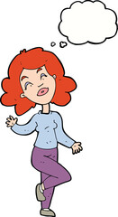 cartoon happy woman dancing with thought bubble