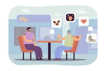 Young woman explaining harm of caffeine vector illustration. Friends having drinks at coffee shop, talking about insomnia, heart diseases from caffeine. Refusal of coffee, caffeine-free menu concept