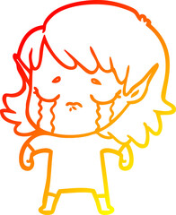 warm gradient line drawing of a cartoon crying elf girl