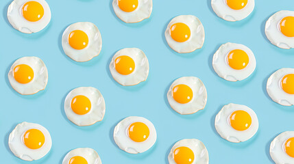 Fried eggs on light blue background. Generative Ai illustration