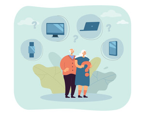 Elderly couple curious about mobile devices vector illustration. Drawing of old man and woman with question mark, monitor, phone, smart watch, laptop in bubbles. Senior life, technology concept