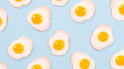 Fried eggs on light blue background. Generative Ai illustration
